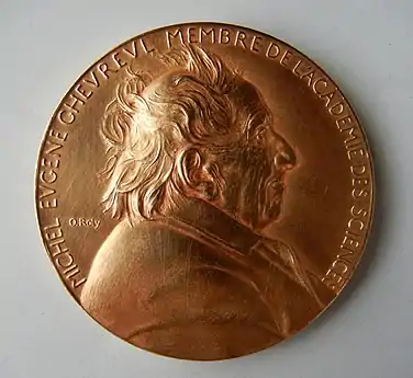 Médaille Centenaire français de la naissance de Michel Eugène Chevreul (1886). Graveur : Oscar Roty (1846-1911). Avers.