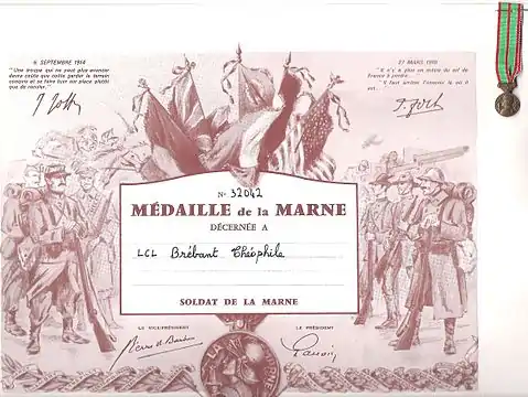 Diplôme de la bataille de la Marne décerné au lieutenant Brébant du 48e RI.