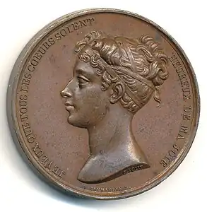 Médaille pour le baptême du Duc de Bordeaux, portrait de la Duchesse de Berry, bronze, 38 mm, avers.