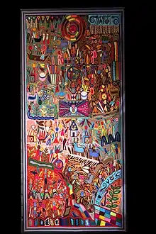Tableau de laine nierika : La voie de la chenille. H. 200 cm. Bois, cire, laine. Attribué à Apollionio Camillo Enriques. Indiens Huichol