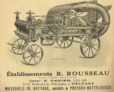 Publicité de 1929 des établissements Rousseau de machinisme agricole, dirigés par Édouard Cadier (1906), pdg, et Paul Cadier (1940) directeur général.
