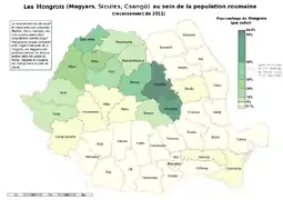 Carte de la Roumanie où apparaissent en jaune-vert de nombreuses régions, principalement à l'ouest (Transylvanie).