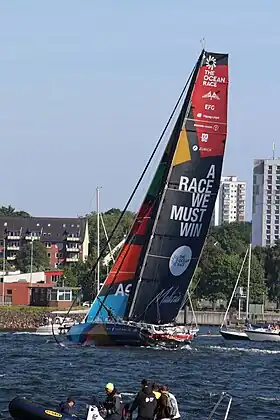 Bateau progressant à la voile, vu de trois quarts arrière, non loin d'une rive urbanisée.