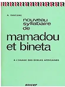  page de couverture du livre de couleur bleue avec l'inscription Mamadou et Bineta/ livre pédagogique en Afrique de l'Ouest francophone