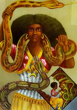 Cette chromolithographie de l'entreprise hambourgeoise Adolph Friedlander (années 1880) est devenue une image couramment utilisée en Afrique et dans la diaspora pour représenter Mami Wata(en) Henry Drewal, « Mami Wata Arts for Water Spirits in Africa and Its Diasporas », African Arts,‎ été 2008, p. 70-71,(en) Sabine Jell-Bahlsen, « EZE MMIRI DI EGWU, The Water Monarch is Awesome : Reconsidering the Mammy Water Myths », Annals of the New York Academy of Sciences, New York, no 810 « Queens, Queen Mothers, Priestesses and Power: Case Studies in African Gender »,‎ juin 1997, p. 103-134 (DOI 10.1111/j.1749-6632.1997.tb48126.x, résumé),(en) Henning Christoph et Hans Oberländer, Voodoo : secret power in Africa, Cologne, Londres, Taschen, 1996, 240 p. (ISBN 3-8228-8649-1 et 978-3-8228-8649-6, OCLC 35209059), p. 255.