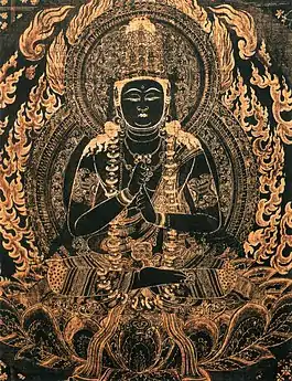 Mandala Ryōkai (d'une paire). Encre à la poudre d'or et d'argent, soie pourpre. H. 4,11 m. Vers 830. Jingo-ji, Kyōto.