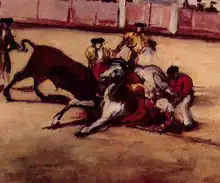 Une arène. Un taureau éventre un cheval entouré d'hommes.