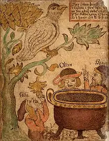 Þjazi empêche les Ases de faire bouillir les aliments, illustration tirée d'un manuscrit islandais du XVIIIe siècle.