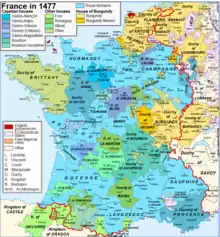 Carte en couleurs des provinces françaises au XVe siècle.