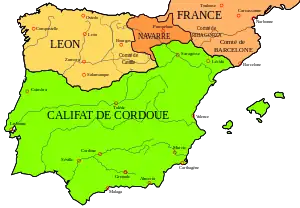 La péninsule ibérique vers 1000 ; le León est en jaune.