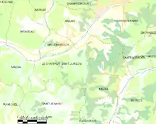Carte élémentaire montrant les limites de la commune, les communes voisines, les zones de végétation et les routes