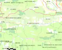 Carte élémentaire montrant les limites de la commune, les communes voisines, les zones de végétation et les routes