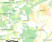 Carte élémentaire montrant les limites de la commune, les communes voisines, les zones de végétation et les routes