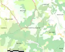 Carte élémentaire montrant les limites de la commune, les communes voisines, les zones de végétation et les routes