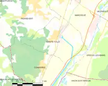 Carte élémentaire montrant les limites de la commune, les communes voisines, les zones de végétation et les routes