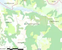 Carte élémentaire montrant les limites de la commune, les communes voisines, les zones de végétation et les routes