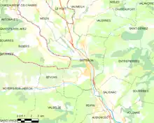 Carte élémentaire montrant les limites de la commune, les communes voisines, les zones de végétation et les routes