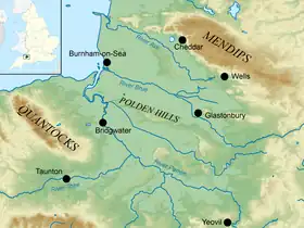 Carte topographique d'une partie du Somerset avec les collines de Mendip au nord-est.