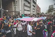 Photographie d'une manifestation ; un drapeau aux couleurs trans géant est tenu par une vingtaine de personnes