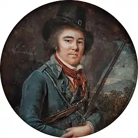 Homme en costume de chasse, vers 1790-1793, miniature, aquarelle et gouache sur ivoire, diamètre 7,4 cm (Celle, Bomann-Museum (de), collection Tansey)