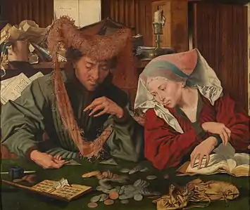 Marinus van Reymerswaleune, Le Changeur et sa femme, 1539. Musée du Prado, Madrid.