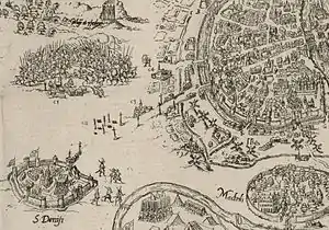 Reproduction d'une gravure représentant une carte montrant Saint-Denis et Paris