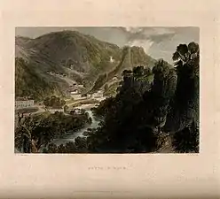 Matlock Bath from the hills, Derbyshire, gravure en couleurs de J. C. Varrall d'après William Henry Bartlett (1840, Wellcome Collection).