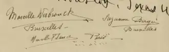 Signature de Marcelle Baud à côté de celle de Marcelle Werbrouck et Suzanne Berger sur le livre d'or du marchand d'art Maurice Nahman au Caire en 1930