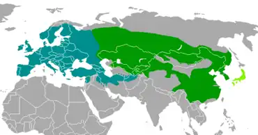 Carte d'Eurasie avec une grande zone verte à gauche, une grande zone rouge à droite et une minuscule zone turquoise sur le Japon