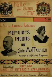 Couverture d'un livre arborant en médaillons les blasons de la maison de Habsbourg et de celle de Belgique, ainsi que des portraits de profils de Louise et de Geza.