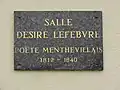 Salle Désirée Lefebvre poète menthevillais, plaque.