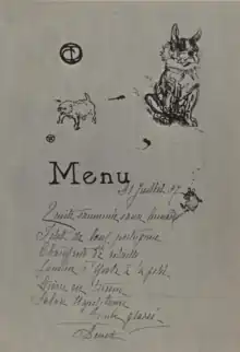 Un menu de repas écrit à la main illustré par les dessins d'une souris et d'un bouledogue