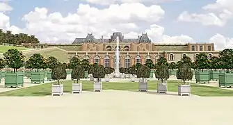 Restitution 3D du parterre de l'Orangerie, avec le jeu visuel des toitures du château, vers 1710.