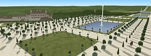 Restitution du parterre de l'Orangerie de Meudon, vu depuis l'angle en haut de la rampe, 1700.