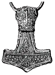 Dessin d'un pendentif Mjöllnir en argent plaqué or de 4,6 cm retrouvé à Bredsätra dans l'Öland, Suède. L'original appartient au Musée historique de Stockholm.