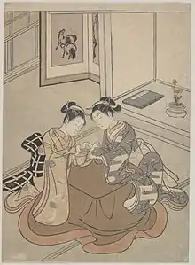 « Deux jeunes femmes assises sur un kotatsu jouant au berceau du chat », Suzuki Harunobu, vers 1765.