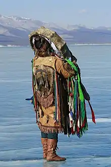 Mongolian Shaman performing fire rituals, 3rd March 2019. At Khovsogol lake worship