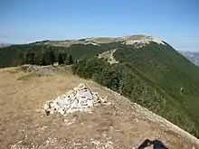 Panorama ciel bleu, monts de pierre et couverts de forêts vertes