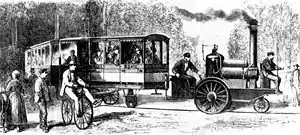 Monorail Larmanjat en 1868, le premier véhicule ferroviaire équipé de cette technologie.