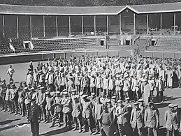 Prisonniers de guerre allemands en septembre 1914 le matin au moment de l'appel