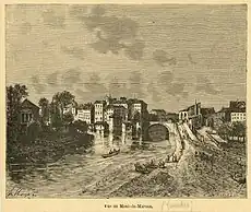 Port de Mont-de-Marsan à la fin du XIXe&nbsp;siècle. Batelerie sur les bords de la Midouze. Le pont de l'Hôtel-de-ville, édifié en 1810, est visible en arrière-plan.