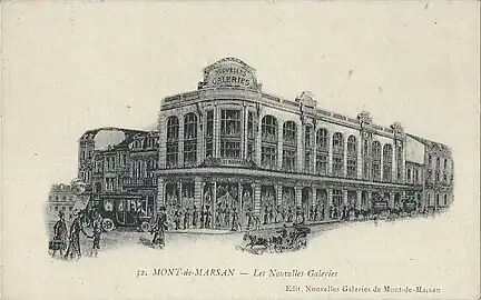 Carte postale publicitaire du magasin Les Nouvelles Galeries de Mont-de-Marsan, datée au verso du 21 février 1918.
