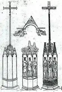 Reproduction d'une gravure montrant trois montjoies