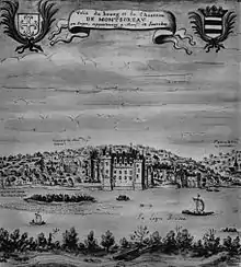 Reproduction d'un dessin en couleur du château de Montsoreau au dix-septième siècle.