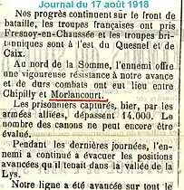 Journal relatant les combats à Morlancourt en août 1918.