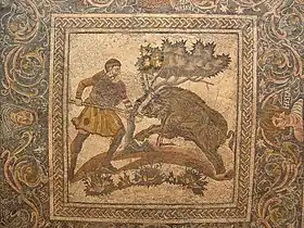 Mosaïque de Las Tiendas, avec une scène de chasse.