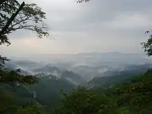 Photographie couleur de montagnes embrumées, recouvertes de forêt.