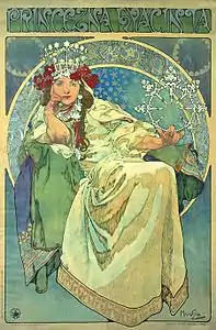 Portrait stylisé d'Andula Sedláčková par Alfons Mucha sur une affiche annonçant le ballet Princezna Hyacinta au Théâtre national de Prague en 1911.