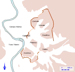 Plan en couleurs représentant le tracé d'un muraille en fonction du relief.