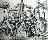 Maître E. S., Couple jouant de la musique autour d'une fontaine (L. 203)